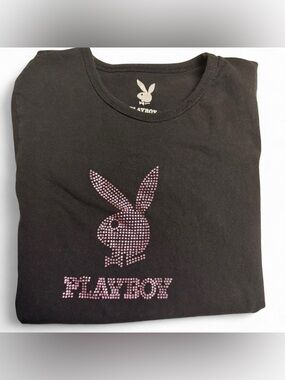 PLAYBOY Black Baby Tee with Pink Rhinestone Bunny Logo